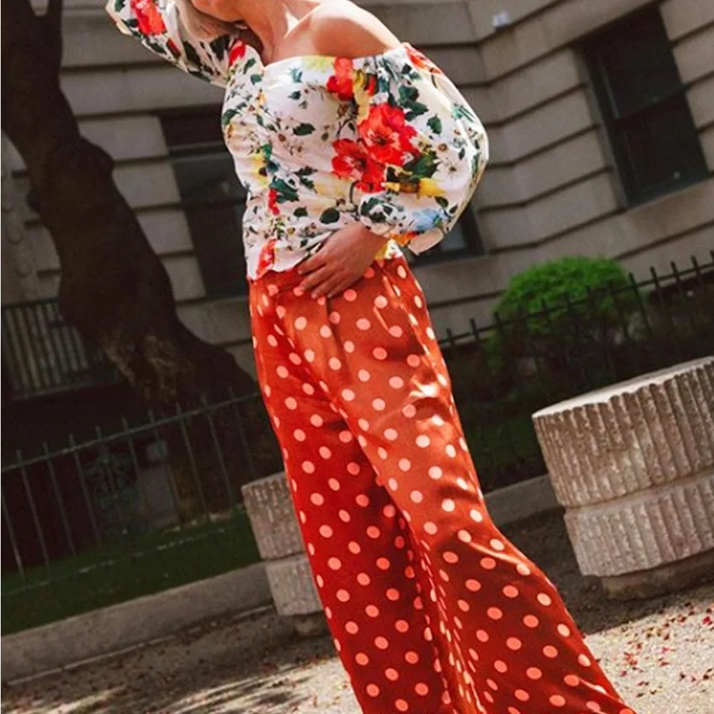 Zara Orange and White Polka Dot Wide-Leg Pants size XS - Picture 3 of 6